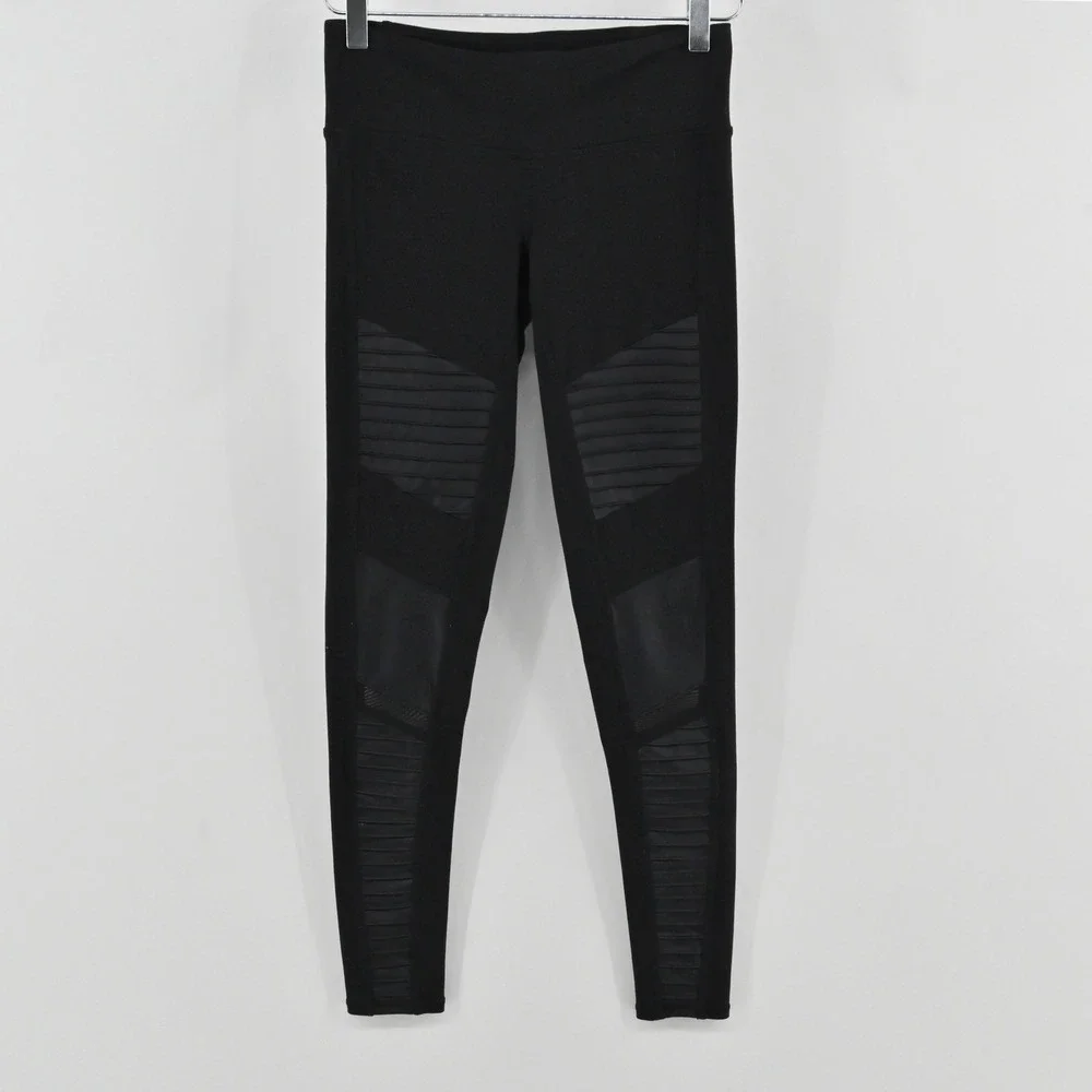 Alo Yoga Moto Leggings Womens Size XS Black Ribbed Mesh Athleisure Yoga Workout